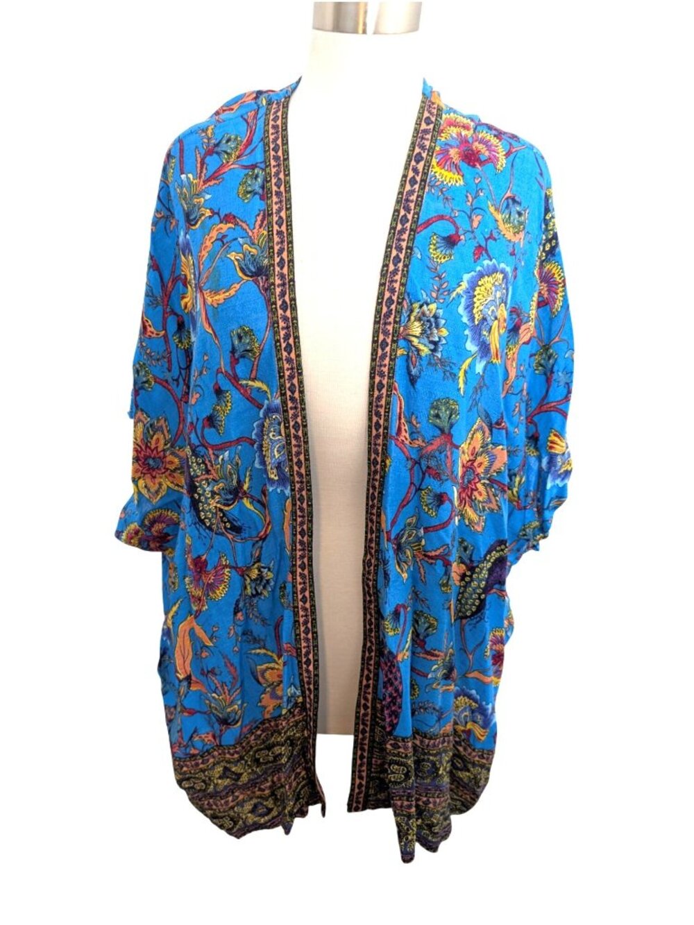 JM Collection Womens Linen Blend Aqua Floral Kimono Cardigan Size S - Picture 3 of 15